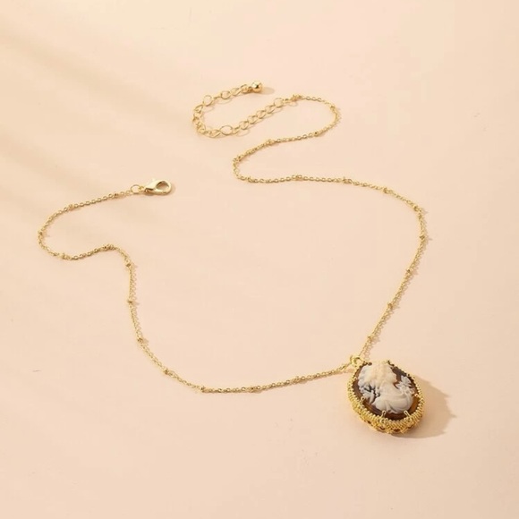 Victorian Goth Burgundy & Gold Cameo Necklace - Picture 2 of 5